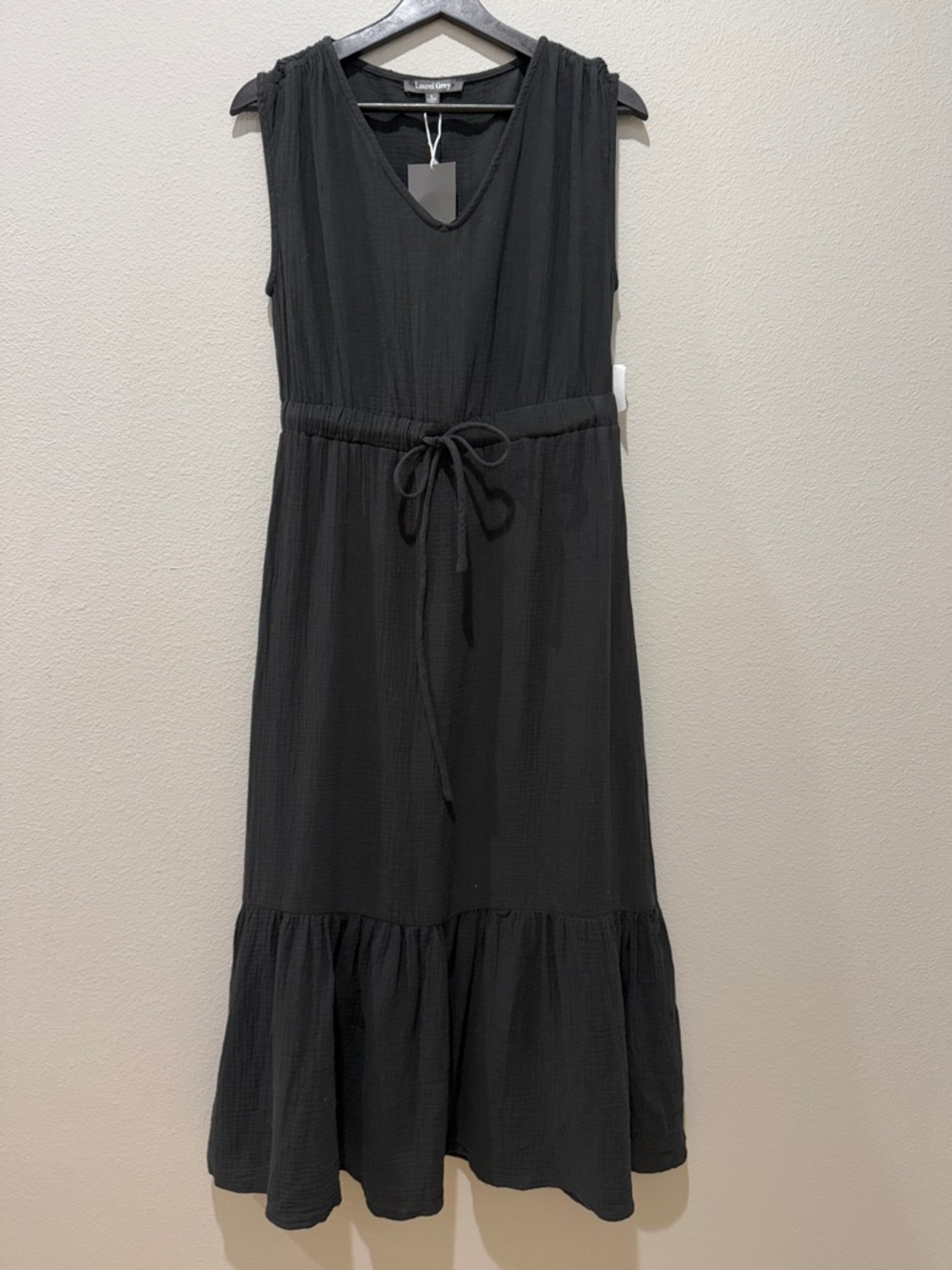 Laurel Grey Black 100% Cotton Gauzy Tiered Midi Dress Size S